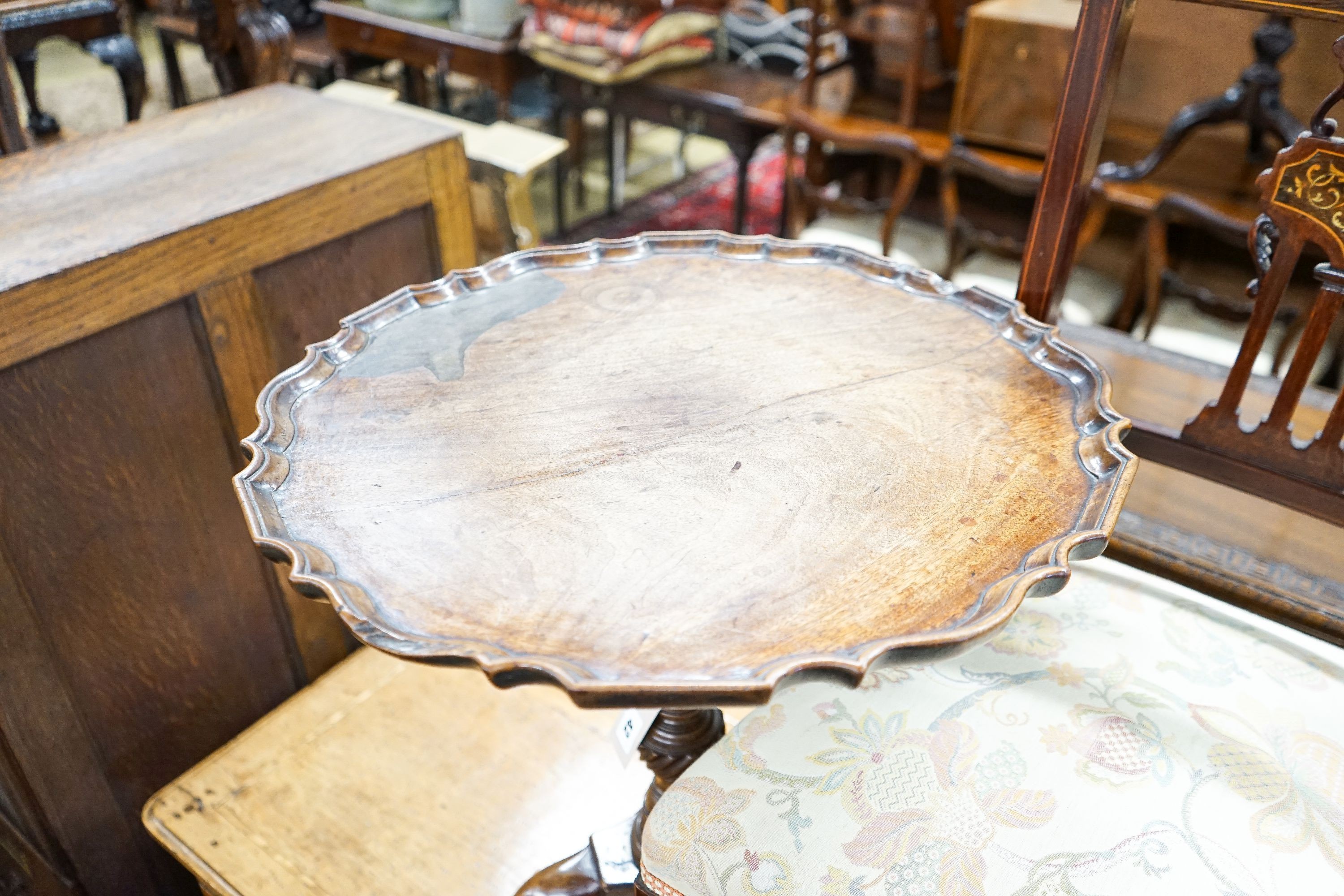 A George II style circular mahogany tripod table, diameter 50cm, height 61cm together with an Edwardian inlaid salon chair